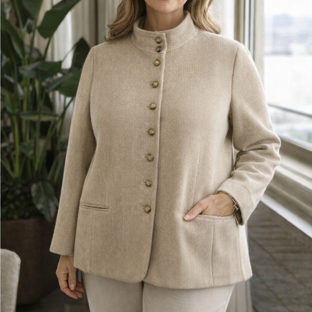 Lauren Ralph Lauren Tweed Wool Blend Mock Neck Button Tan Beige Jacket Womens 20